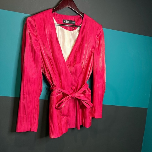 BNWT Zara Pink Blazer with Relaxed Silhouette and Self-Tie Belt - Picture 4 of 13